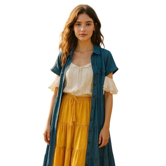 MISSLOOK Women's 3XL Chambray Button Front Tiered Short Sleeve Dress - Picture 2 of 5